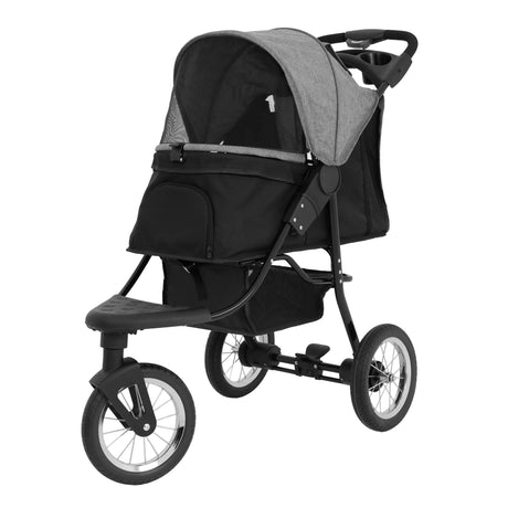 Haustier Buggy in Grau mit schwarzem Gestell, großen Rädern, einem gepolsterten Sitz und einem abnehmbaren Dach für optimalen Schutz und Komfort