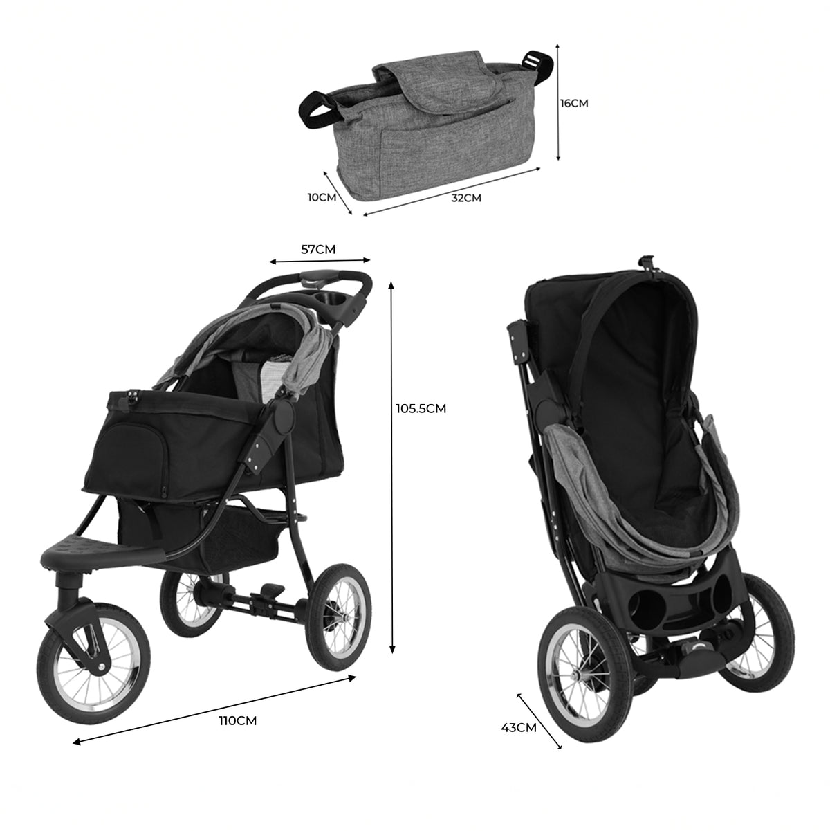Haustier Buggy in Grau mit robustem Gestell, großen Rädern, gepolstertem Sitz und abnehmbarem Korb für Haustierbedarf, ideal für Spaziergänge