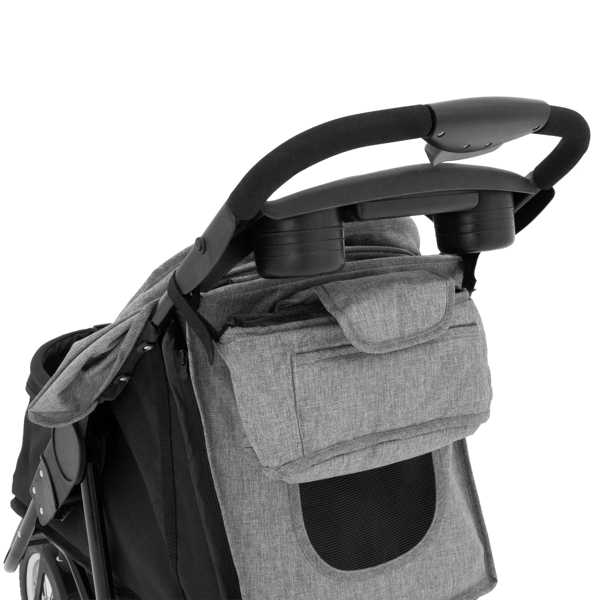 Grau gestreifter Haustier-Buggy mit gepolstertem Griff, Stauraum und Netzfenster für Belüftung, ideal für Ausflüge mit Haustieren