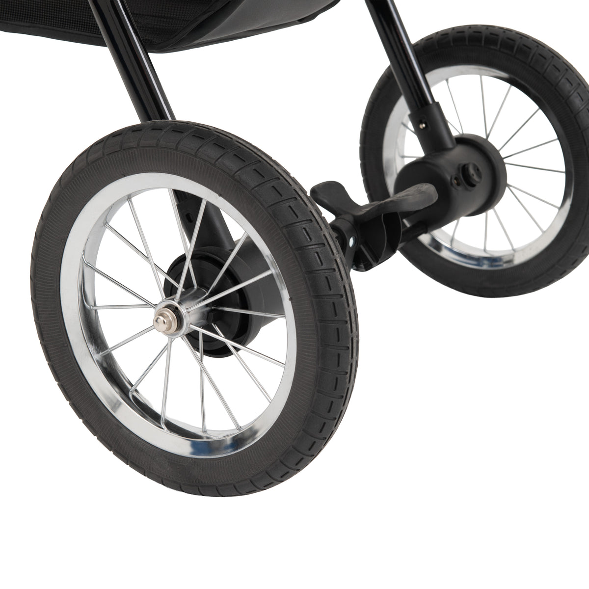 Grauer Haustier Buggy mit stabilen, silbernen Rädern und robustem Gestell, ideal für Spaziergänge mit kleinen Hunden oder Katzen