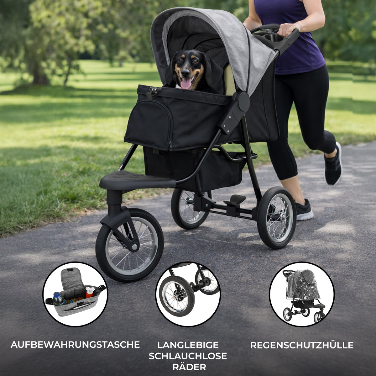 Haustier Buggy in Grau mit großen, schlauchlosen Rädern, einer praktischen Aufbewahrungstasche und einer schützenden Regenhülle, ideal für Spaziergänge
