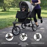 Haustier Buggy in Grau mit großen, schlauchlosen Rädern, einer praktischen Aufbewahrungstasche und einer schützenden Regenhülle, ideal für Spaziergänge