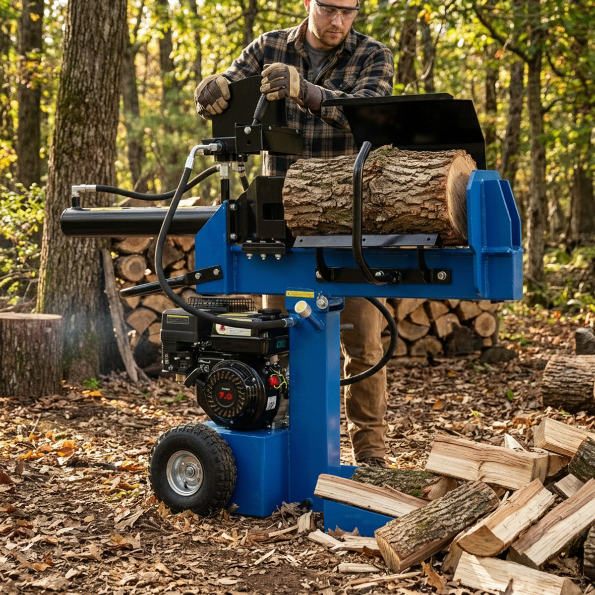 Der 15T Holzspalter in leuchtendem Blau, robust und leistungsstark, spaltet einen großen Baumstamm in einer herbstlichen Waldumgebung mit Holzstapeln im Hintergrund