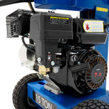Der 15T Holzspalter zeigt einen robusten Motor in Schwarz mit einem luftgekühlten System, montiert auf einem stabilen blauen Gestell mit großen Reifen