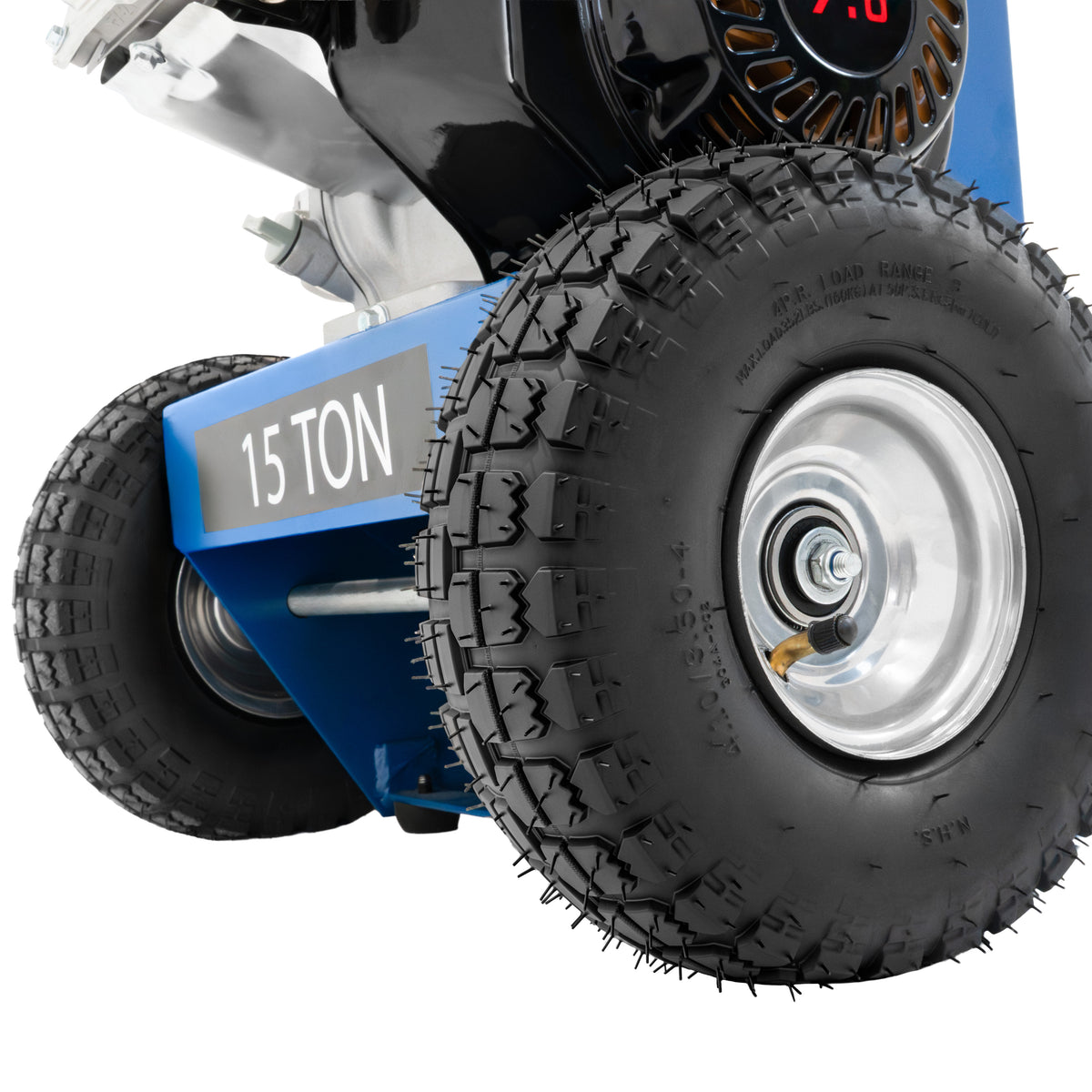 Robuster 15T Holzspalter mit stabilen Gummireifen, blauer Basis und glänzenden Metallteilen, ideal für effizientes Holzspalten