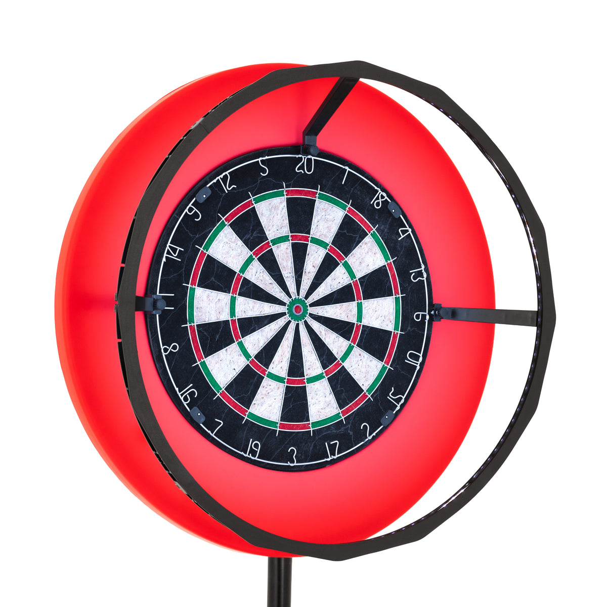 Dartboard Ringlicht mit leuchtend rotem Rahmen, schwarzem und grünem Dartboard, ideal für präzises Spielen und stimmungsvolle Beleuchtung