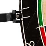 Nahaufnahme eines Dartboard-Ringlichts mit schwarzem Gehäuse, verstellbarem Halter und bunten Markierungen in Rot und Grün, ideal für präzises Spielen