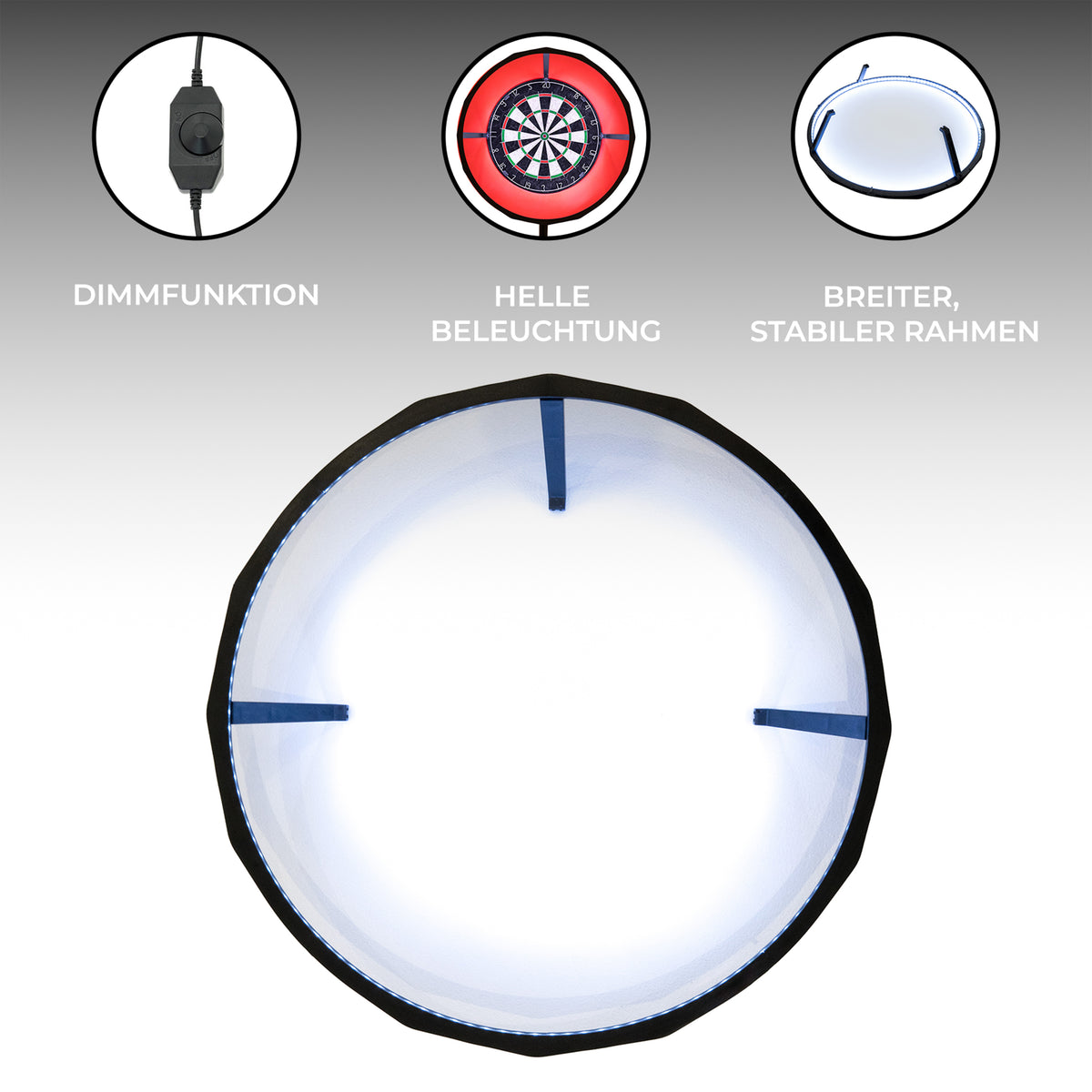 Rund, schwarzes Dartboard Ringlicht mit dimmbarer Funktion, hellen LED-Leuchten und stabilen, blauen Halterungen für optimale Sichtbarkeit beim Spielen