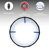Rund, schwarzes Dartboard Ringlicht mit dimmbarer Funktion, hellen LED-Leuchten und stabilen, blauen Halterungen für optimale Sichtbarkeit beim Spielen