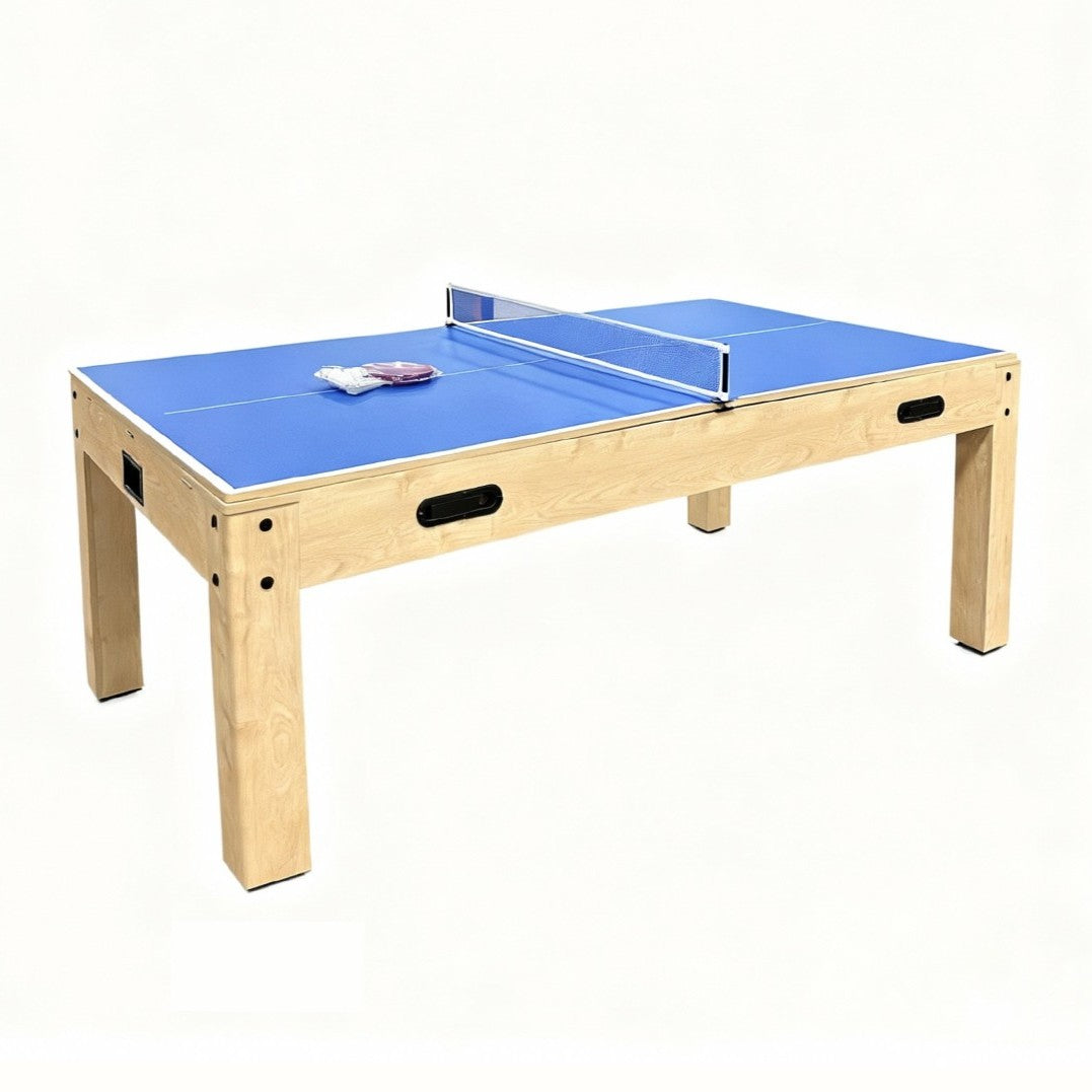 7-in-1 Spieltisch aus Eiche mit blauer Spielfläche, stabilen Holzbeinen und Netz, ideal für verschiedene Spiele und Freizeitaktivitäten
