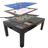 Grau 7-in-1 Spieltisch mit abnehmbaren Oberflächen für verschiedene Spiele, darunter Tischtennis, Billard und Airhockey, aus robustem Material
