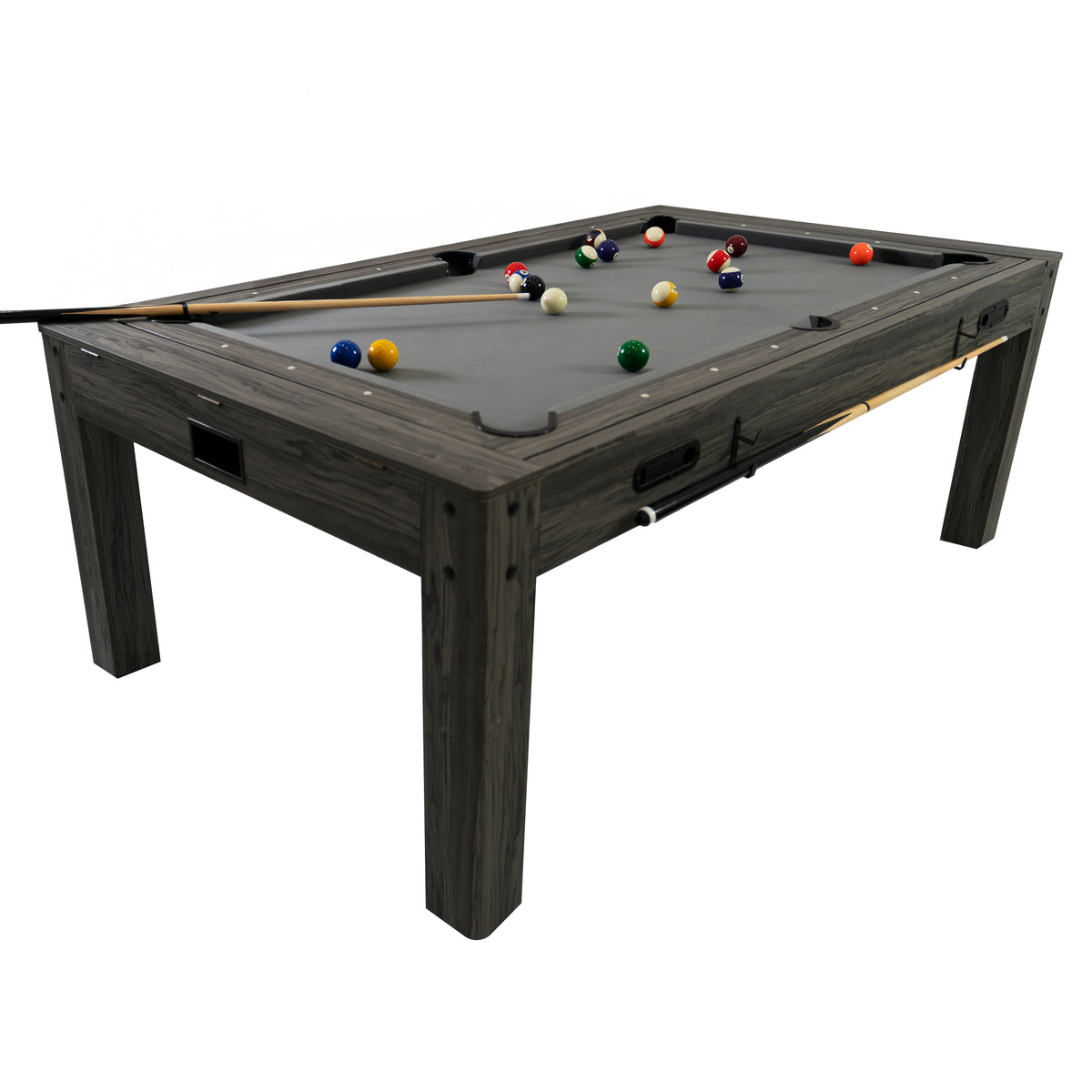 Grau 7-in-1 Spieltisch aus Holz mit robustem Gestell, weichem Filz und bunten Billardkugeln, ideal für Spielabende und Freizeitaktivitäten