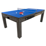 Grau 7-in-1 Spieltisch mit blauer Spielfläche, Holzbeinen und Zubehör wie Schlägern und Bällen für vielseitigen Spielspaß