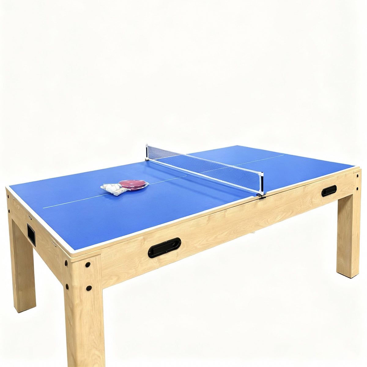 7-in-1 Spieltisch und Sitzbank in Eiche mit blauer Tischplatte, Netz und Zubehör für verschiedene Spiele, ideal für Kinder und Familien