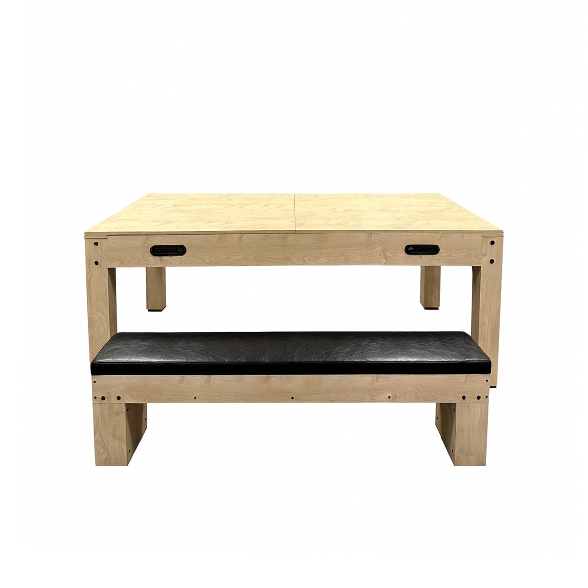 7-in-1 Spieltisch und Sitzbank aus Eiche mit Stauraum, helles Holz, schwarze Sitzfläche, funktionales und modernes Design für Kinderzimmer
