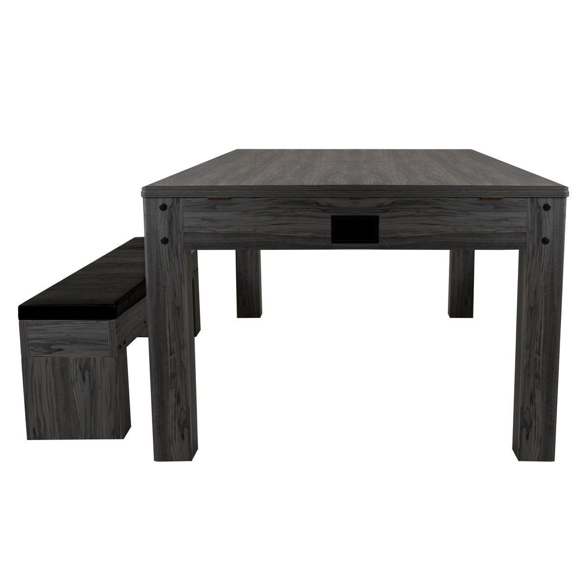 Grau 7-in-1 Spieltisch und Sitzbank mit Stauraum, aus Holz mit glatter Oberfläche, rechteckiger Tisch und gepolsterte Sitzbank in modernem Design