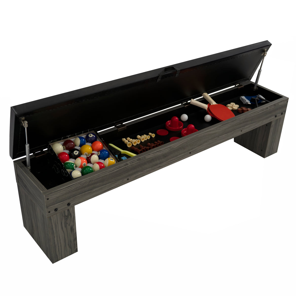 Grau gefärbter Spieltisch und Sitzbank mit Stauraum, geöffnet, zeigt bunte Spielzeuge und Zubehör, ideal für Kinderzimmer und Spielbereiche