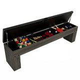 Grau gefärbter Spieltisch und Sitzbank mit Stauraum, geöffnet, zeigt bunte Spielzeuge und Zubehör, ideal für Kinderzimmer und Spielbereiche