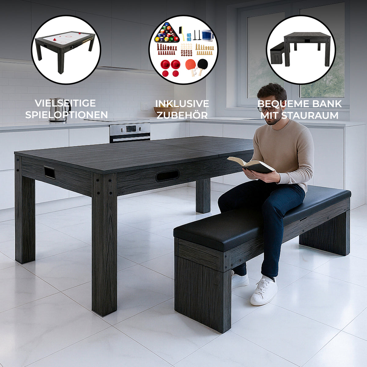 Grau 7-in-1 Spieltisch und Sitzbank mit Stauraum, vielseitig nutzbar, robustes Material, modernes Design, ideal für Spielzimmer oder Wohnzimmer