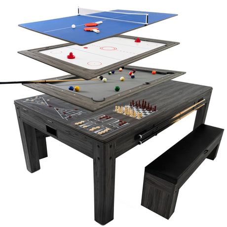 Grau 7-in-1 Spieltisch mit zwei Sitzbänken, Stauraum und verschiedenen Spieloberflächen für Tischtennis, Billard, Air Hockey und mehr
