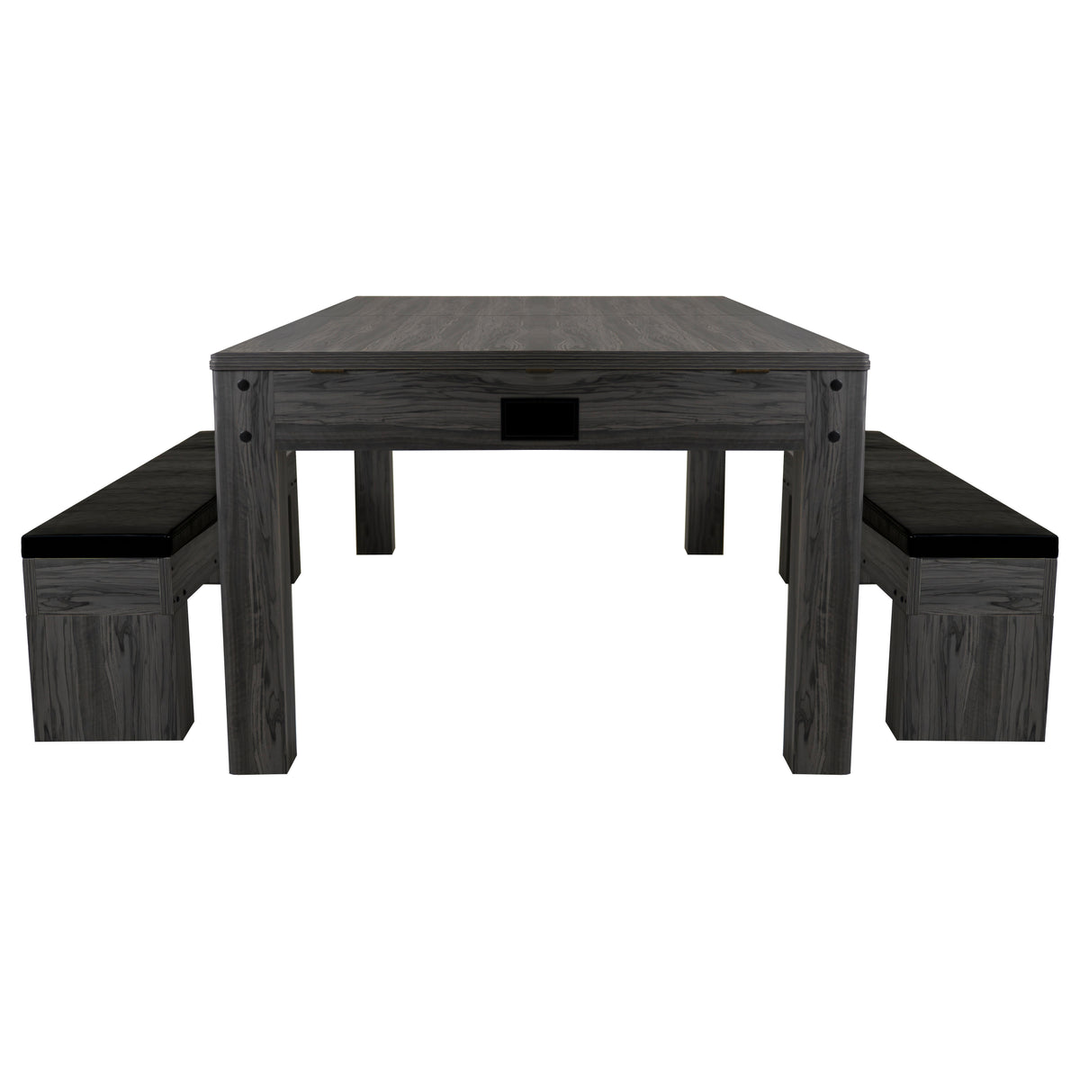 Grau 7-in-1 Spieltisch mit zwei schwarzen Sitzbänken, die Stauraum bieten, aus robustem Holz mit einer glatten, strukturierten Oberfläche