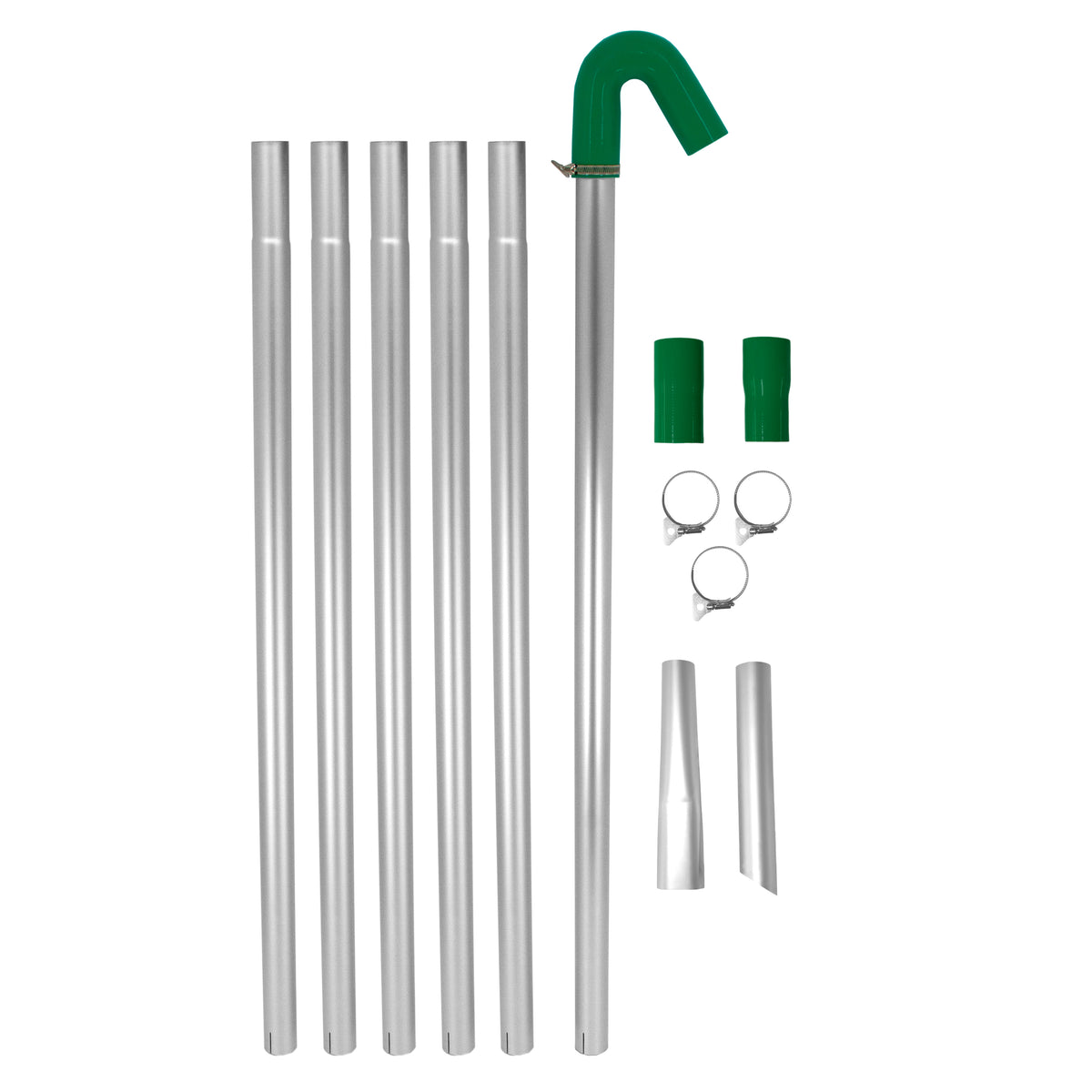Dachrinnen-Saugstangen aus Aluminium in silberner Farbe, inklusive grüner gebogener Düse, Verbindungsteile und Halterungen für Nass- und Trockensauger