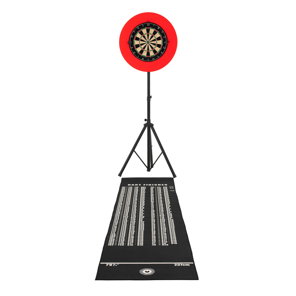 Dartboard-Set mit rotem Ring, schwarzem Ständer und einer Zielscheibe, die auf einem stabilen, rutschfesten Teppich positioniert ist