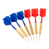 Sechs Darts in Blau und Rot mit goldenen Griffen, die eine rutschfeste Textur aufweisen, ideal für Dartspiele und Wettbewerbe
