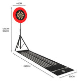 Dartboard-Set mit rotem Zielkreis, höhenverstellbarem Ständer und schwarzem Teppich mit Spielanleitung, ideal für präzises Dartspielen