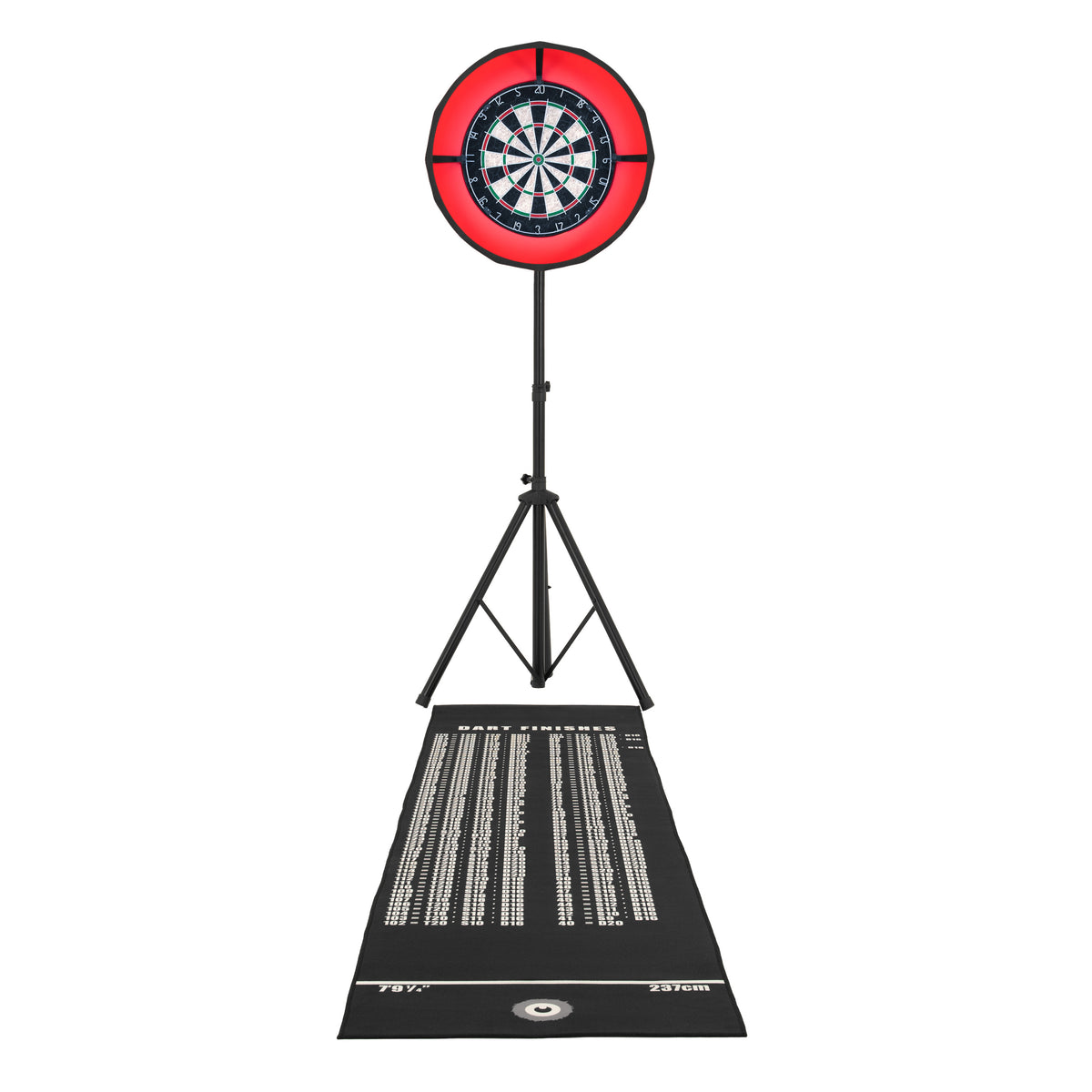 Dart Set mit LED Ringlicht, schwarzer Teppich mit Punktzahlen, rotes Ringlicht, dartboard mit bunten Segmenten, stabiler Ständer