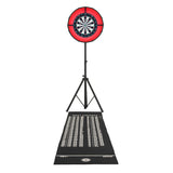 Dart Set mit LED Ringlicht, schwarzer Teppich mit Punktzahlen, rotes Ringlicht, dartboard mit bunten Segmenten, stabiler Ständer