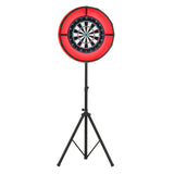 Dartboard mit LED-Ringlicht in leuchtendem Rot, montiert auf einem stabilen schwarzen Stativ, ideal für nächtliches Spielen und Turniere