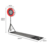 Dart Set mit LED Ringlicht, bestehend aus einem leuchtend roten Ringlicht, einer Dartscheibe und einem schwarzen Wurfteppich, ideal für Spieleabende