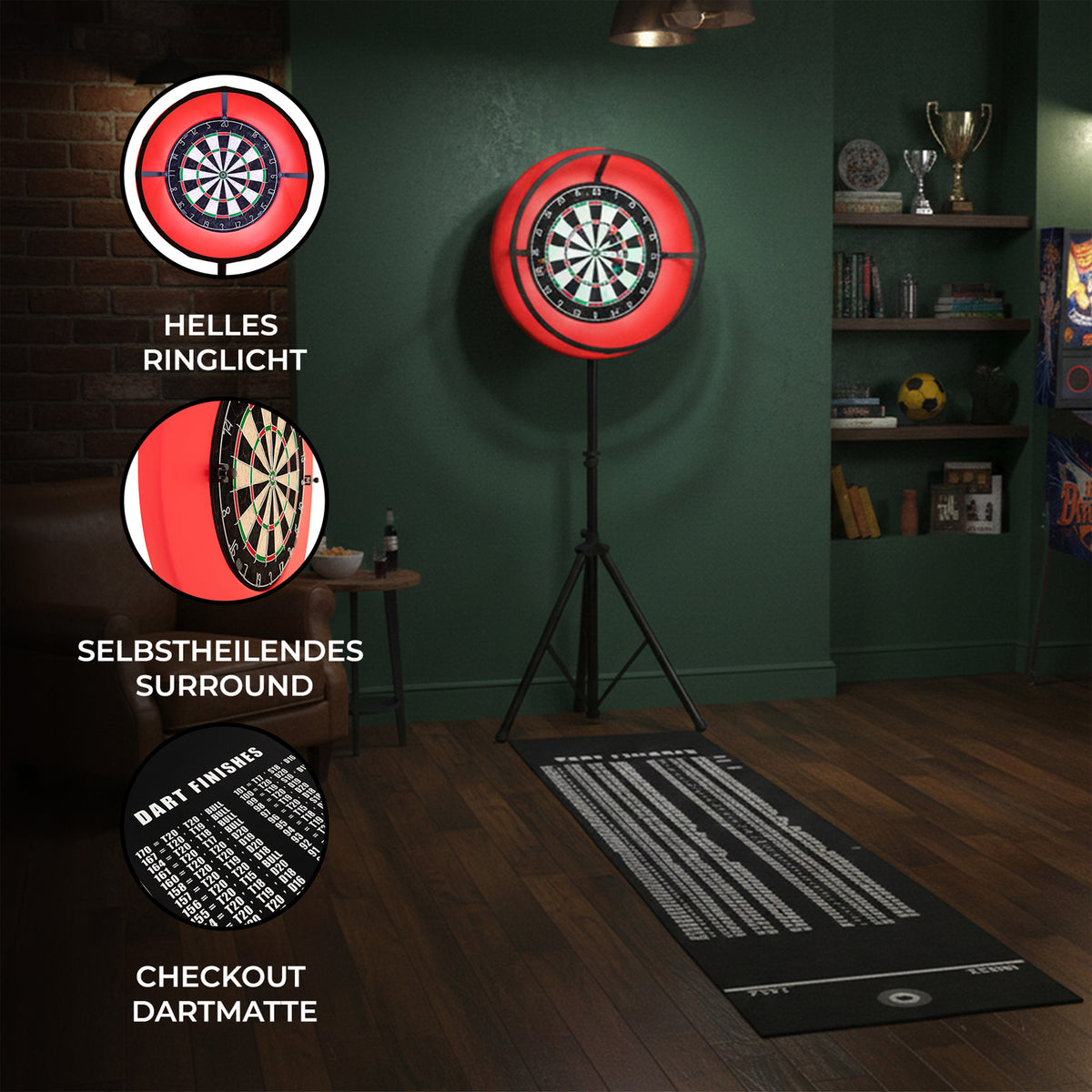 Dart Set mit LED Ringlicht, leuchtend rotes Surround, helle Beleuchtung, auf einem stabilen Ständer, mit einer Dartmatte im Hintergrund