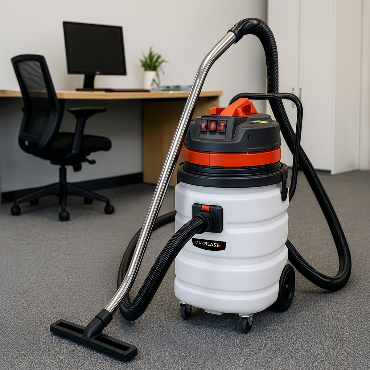 90L Nass- & Trocken Industriestaubsauger in Weiß mit rotem Deckel, 5m Schlauch und robustem Design, ideal für professionelle Reinigungseinsätze