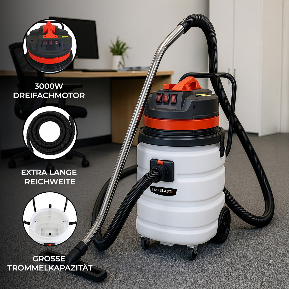 90L Nass- & Trocken Industriestaubsauger in Weiß mit rotem Deckel, 5m Schlauch, robustem Design und 3000W Motor für vielseitige Anwendungen