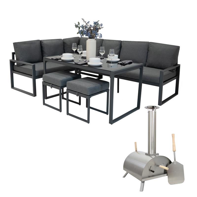 Anthrazitgraues Aluminium-Ecksofa-Set mit Tisch und Tisch-Pizzaofen, elegantes Design, gepolsterte Sitzflächen und stilvolle Tischdekoration