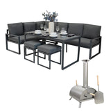 Anthrazitgraues Aluminium-Ecksofa-Set mit Tisch und Tisch-Pizzaofen, elegantes Design, gepolsterte Sitzflächen und stilvolle Tischdekoration