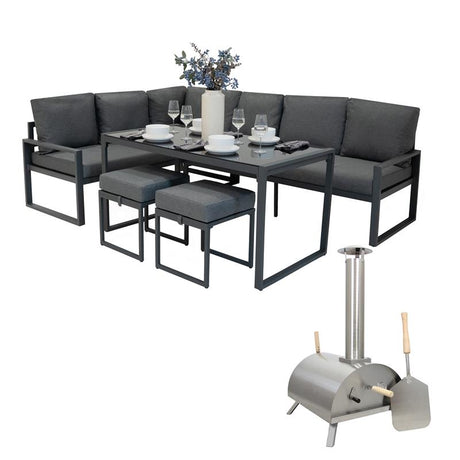 Anthrazitgraues Aluminium-Ecksofa-Set mit Tisch und Tisch-Pizzaofen, elegantes Design, gepolsterte Sitzflächen und stilvolle Tischdekoration