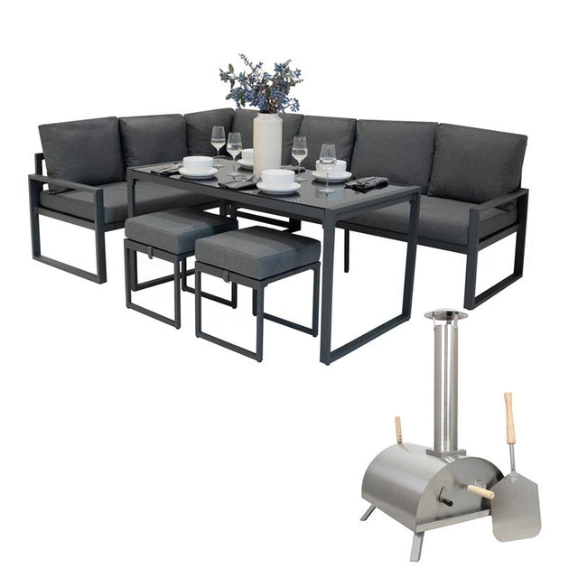 Anthrazitgraues Aluminium-Ecksofa-Set mit Tisch und Tisch-Pizzaofen, elegantes Design, gepolsterte Sitzflächen und stilvolle Tischdekoration