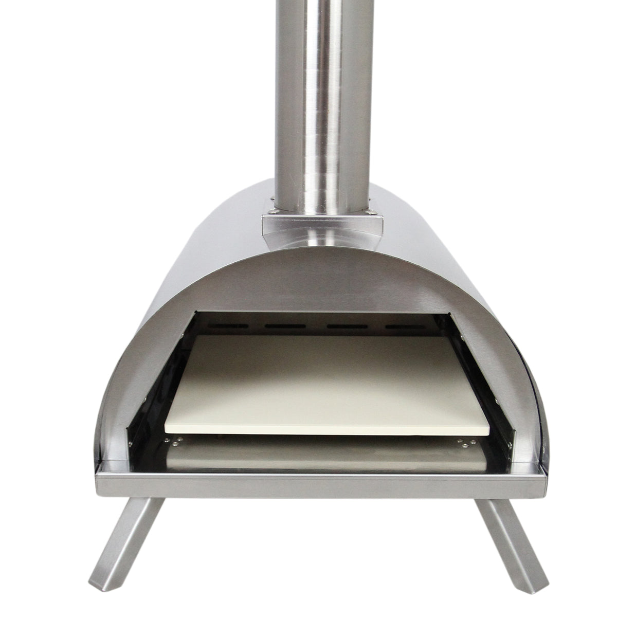 Tisch-Pizzaofen in anthrazitgrau mit glänzender Edelstahloberfläche, runder Form und robustem Stand, ideal für Gartenpartys und Outdoor-Küche