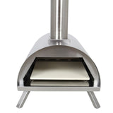 Tisch-Pizzaofen in anthrazitgrau mit glänzender Edelstahloberfläche, runder Form und robustem Stand, ideal für Gartenpartys und Outdoor-Küche