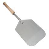 Edelstahl-Pizzaschaufel mit breiter, flacher Klinge und einem ergonomischen Holzgriff, ideal für das Herausnehmen von Pizzen aus dem Ofen