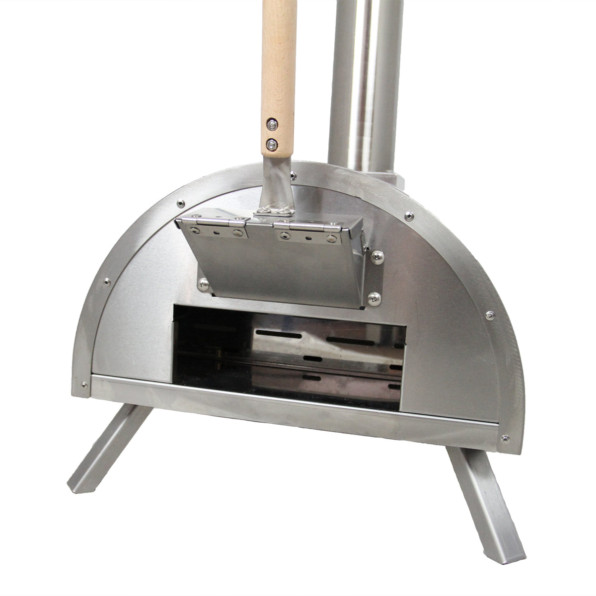 Tisch-Pizzaofen aus Edelstahl mit gebürsteter Oberfläche, runder Form und Holzgriff, ideal für den Außenbereich und gemütliche Grillabende