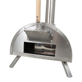 Tisch-Pizzaofen aus Edelstahl mit gebürsteter Oberfläche, runder Form und Holzgriff, ideal für den Außenbereich und gemütliche Grillabende