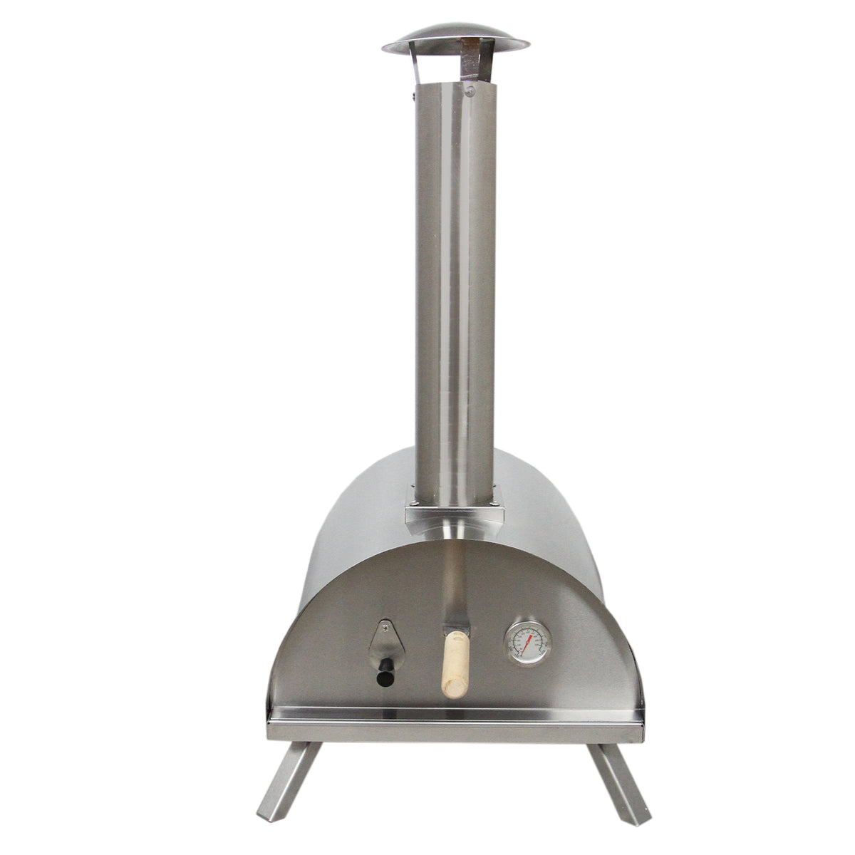 Eleganter Tisch-Pizzaofen aus Edelstahl mit hohem Kamin, runder Form und Temperaturanzeige, ideal für Gartenpartys und Outdoor-Küche