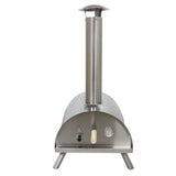 Eleganter Tisch-Pizzaofen aus Edelstahl mit hohem Kamin, runder Form und Temperaturanzeige, ideal für Gartenpartys und Outdoor-Küche