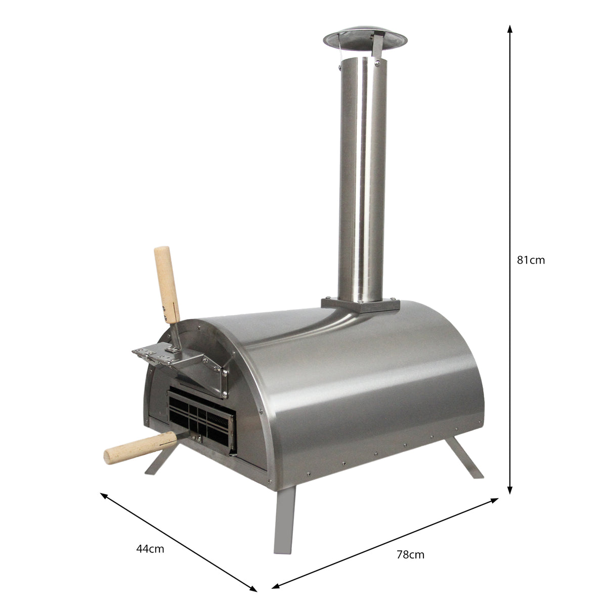 Tisch-Pizzaofen aus Edelstahl in anthrazitgrau mit einem runden, glänzenden Gehäuse, einem hohen Schornstein und Holzgriffen, ideal für Gartenpartys