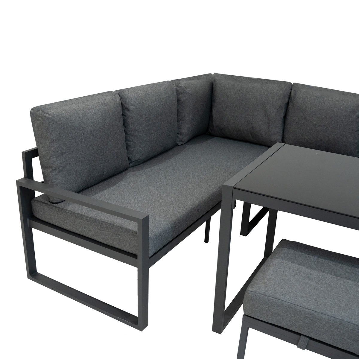 Anthrazitgraues Aluminium-Ecksofa-Set mit weichen, gepolsterten Kissen und passendem Tisch, ideal für gemütliche Outdoor-Abende und Grillpartys