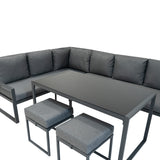 Anthrazitgraues Aluminium-Ecksofa-Set mit weichen Kissen und passendem Tisch, ideal für den Außenbereich und entspannte Zusammenkünfte